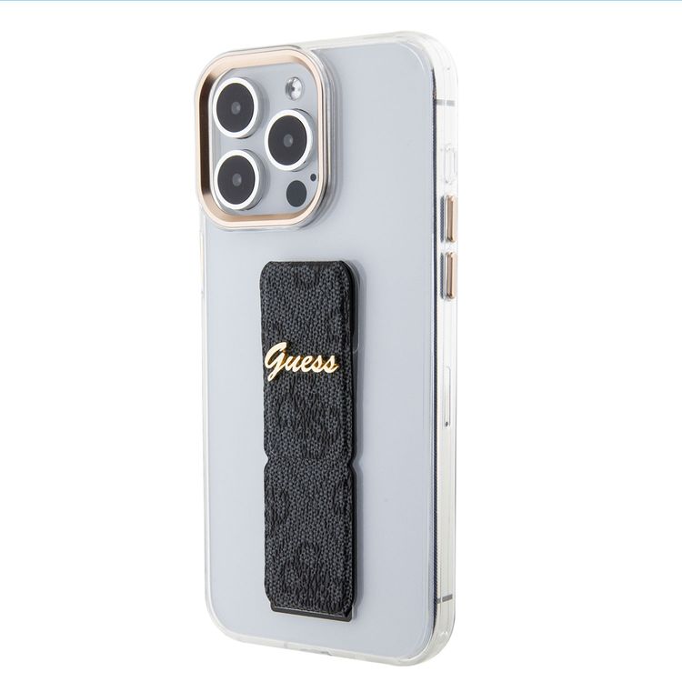 Guess Grip stand Clear Case with 4G Script Logo for iPhone 15 Series - Black - iPhone 15 Pro
