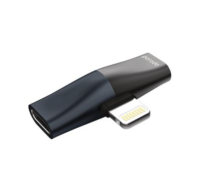 Porodo Dual Lightning Adapter with Microphone & Audio Functions, Plug & Play, TPE, Aluminum & Zinc Materials, All Lightning Devices Compatibility, 2A Charging Current - Black