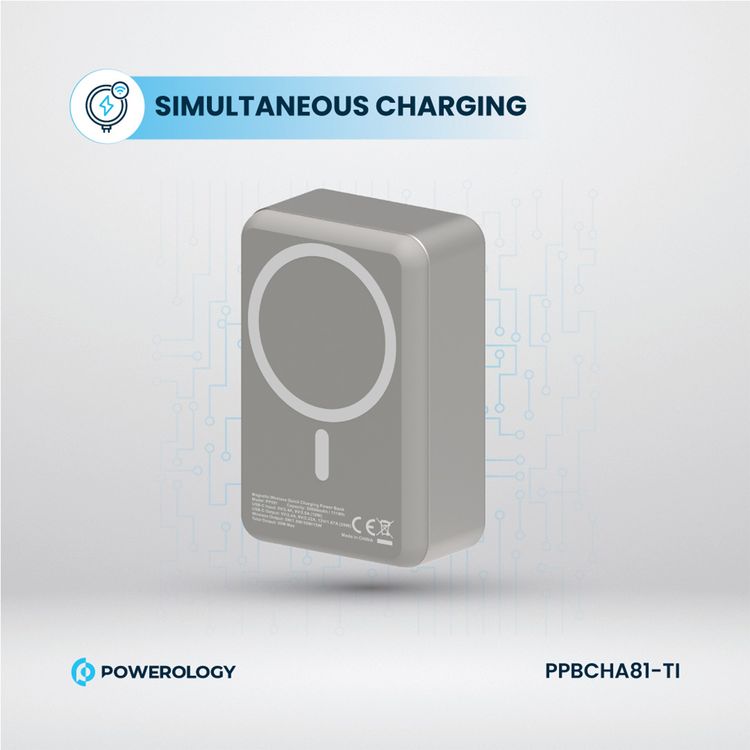 Powerology 30000mAh MagSafe Aluminum Power Bank with 20W Power Delivery, 15W Wireless Output, Li-Polymer Battery, Simultaneous Charging, Compact Design - Dark Gray