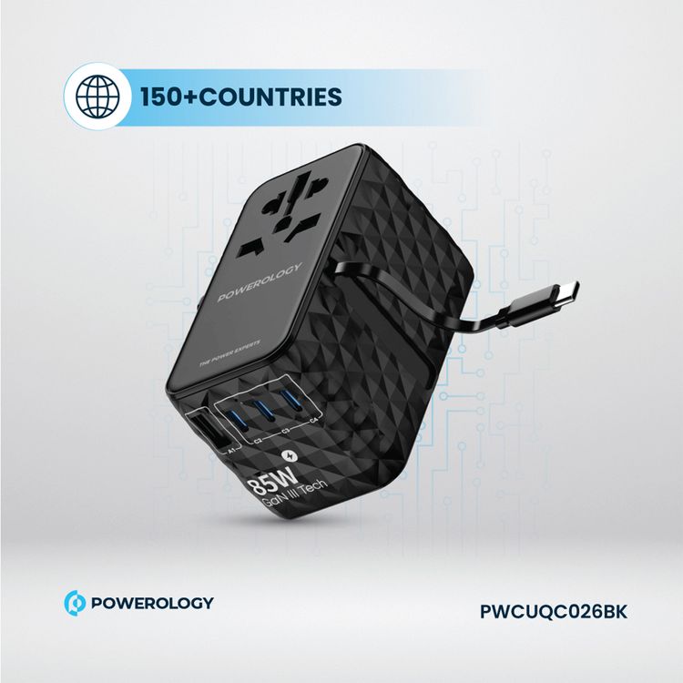 Powerology Universal 85W Super Charger with Retractable Type-C Cable, 70W Power Delivery, GaN Technology, Simultaneous Charging, Spare Fuse Included - Black
