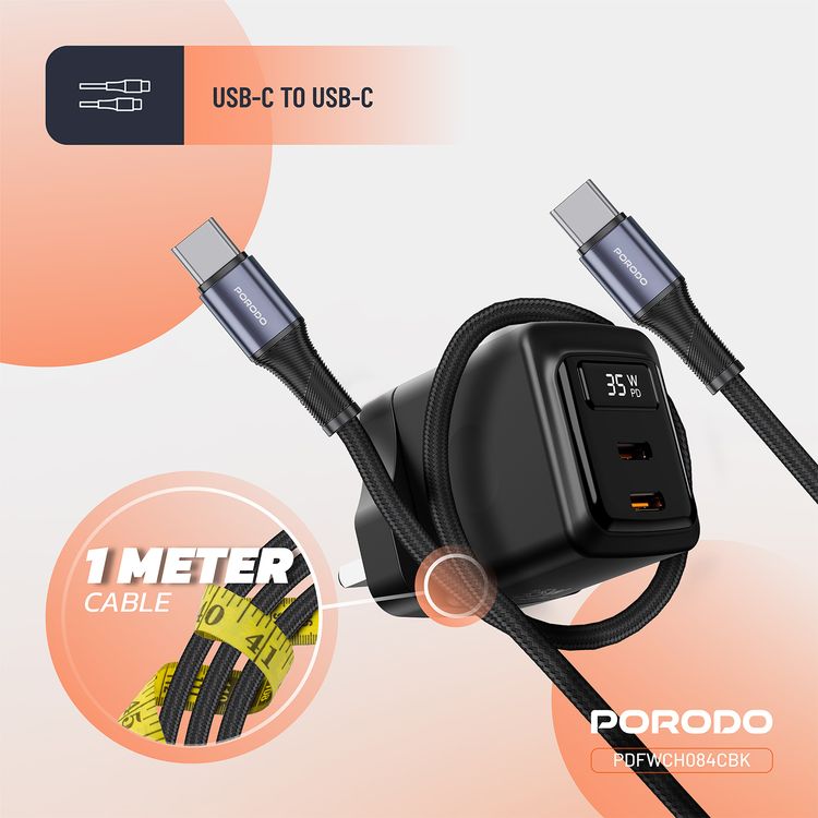 Porodo GaN Wall Charger with USB-C to USB-C Cable, Dual USB-C Ports, 35W Power Delivery, Built-in Safeguards, Fast Charge Support, Multiple Device Charging, Digital Display - Black