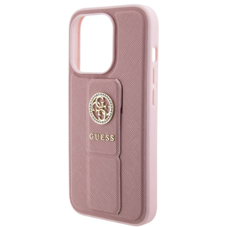 Guess Gripstand Saffiano Case with 4G Strass Metal Logo - Pink - iPhone 15 Pro
