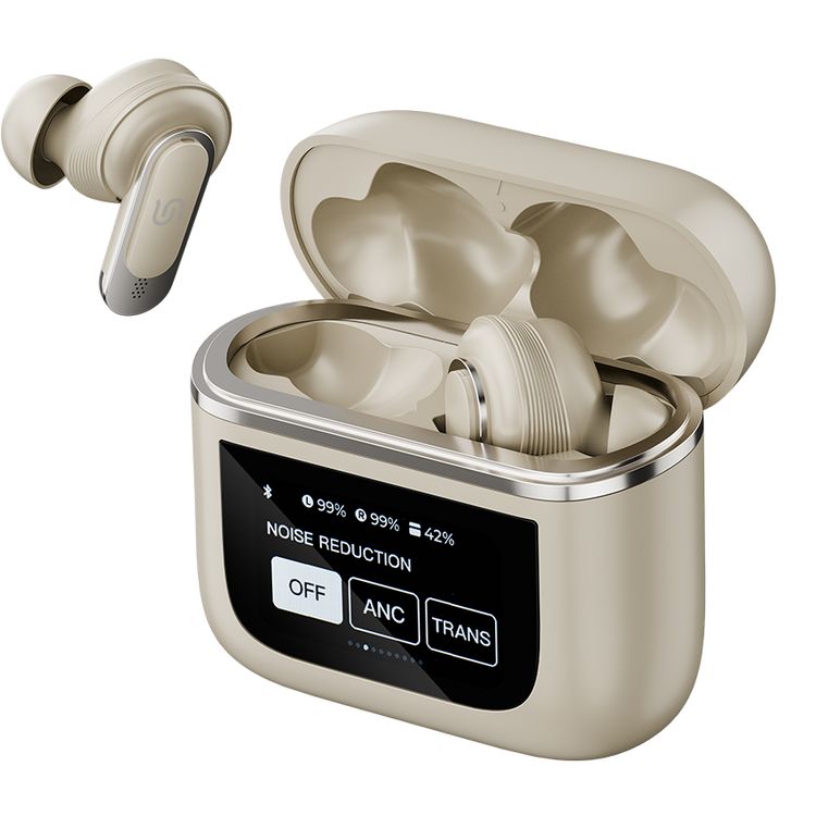Porodo Soundtec Guide Earbuds with ANC & TWS, Touch Screen, 6 Hours of Playtime, 40 Minutes Earbuds Charging Time, Waterproof, Type-C Charging Case - Gold