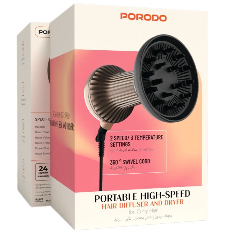 Porodo Portable High-Speed Hair Diffuser & Dryer for Curly Hair, 2 Wind Speeds, 3 Temperature Modes, 800W Rated Power, 16800RPM Motor Speed, 360° Swivel Cord, Over-Heating Protection - Black / Gold