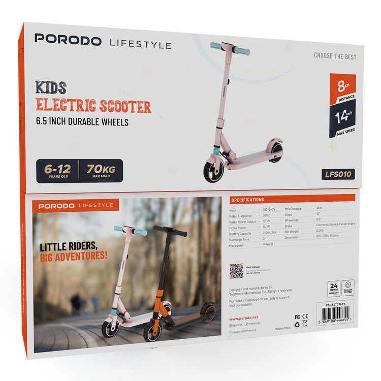 Porodo Lifestyle Kids  Electric Scooter, Fender Brake & Electronic Brake, Powerful 130W Motor, 14 km/h Speed, Lightweight -Pink