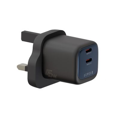 Levelo Vero GaN 45W Double Port Adapter with 2× Type-C Ports, UK Power Plug, Over Charge Protection, Fast Charging, Laptop Charger - Black / Blue