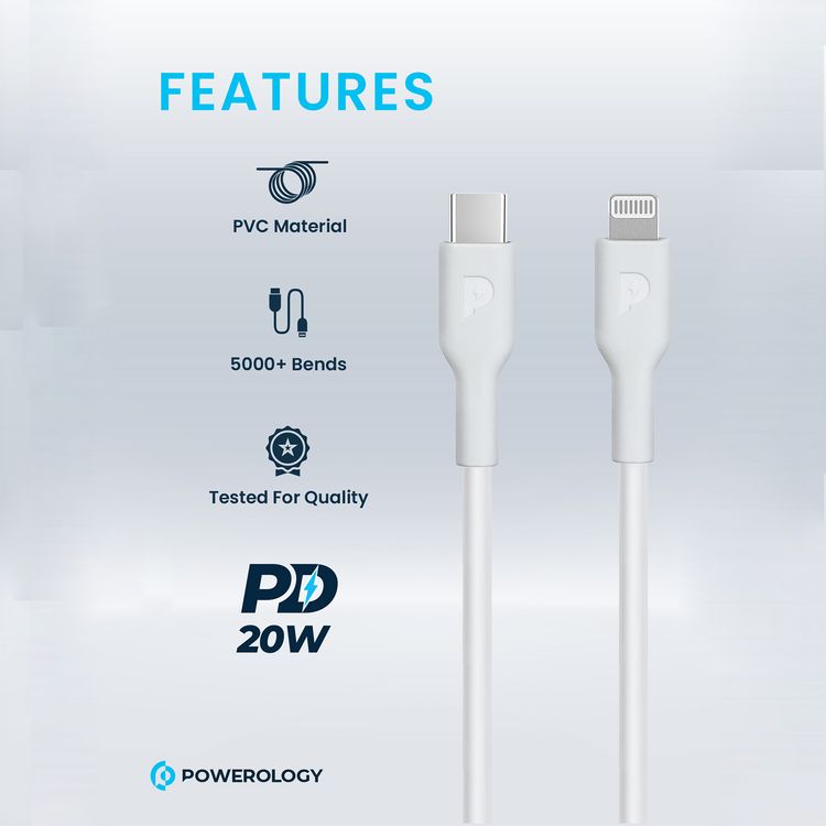 كابل Powerology من USB-C إلى Lightning مع توصيل الطاقة بقوة 20 واط، بطول كابل 1.2 متر، مصنوع من مادة PVC، متوافق عالميًا، مزامنة بيانات سريعة وشحن - باللون الأبيض.