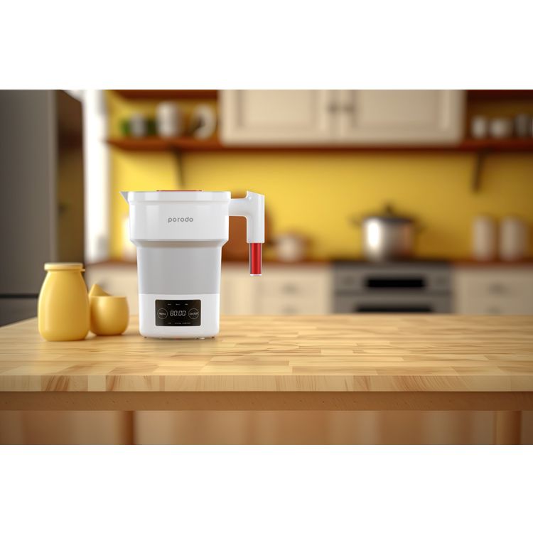 Porodo Lifestyle Portable Folding Electric Kettle Temperature Setting, 600ml  Water Capacity, Digital Display, High-Grade Silicone - White