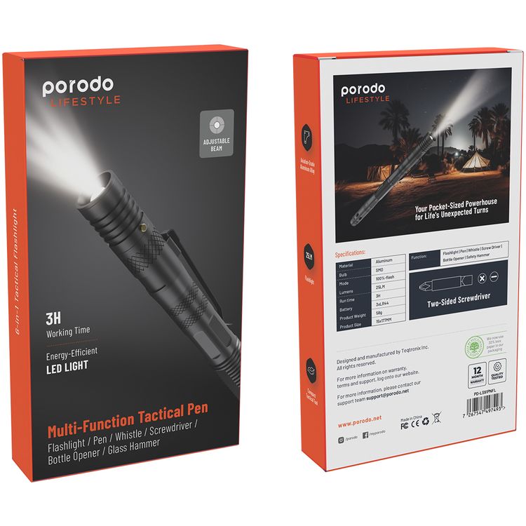 Porodo LifeStyle Multi-Function Tactical Pen 6-in-1 with SMD Bulb, Flashlight, Holder, Pen, Whistle, Bottle Opener and Safety Hammer, 25 Lumens, 3 Hours Working Time - Black