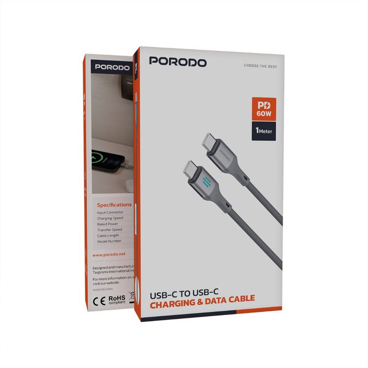 Porodo USB-C to USB-C Charging & Data Cable with 60W Power Delivery, 1m Cable Length, Braided Cable with Tangle-Free Design, 480Mbps Data Transfer Speed, Fast Charge - Gray