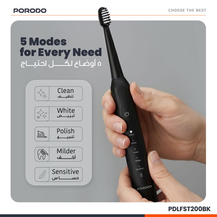 Porodo Lifestyle W-Sonic Electric Toothbrush with Quadrant Smart Timer, 18000-20000 Strokes/Minute Vibration Frequency, 500mAh Battery Capacity, Up to 50 Days Working Time, Round Shape Bristle, Low Noise Level, IPX7 Water Resistance Level - Black