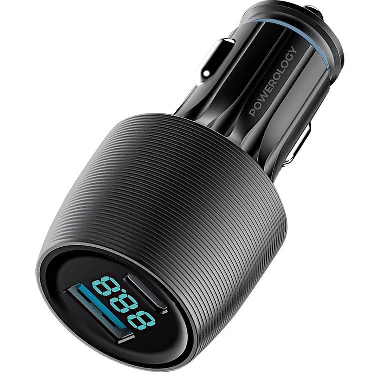 Powerology Velox 83W Dual-Port Car Charger with USB-C to USB-C Cable, Ultra-Fast Charging, 83W Total Output, Powerful Laptop Charging, Multi-Protection Safety System - Black