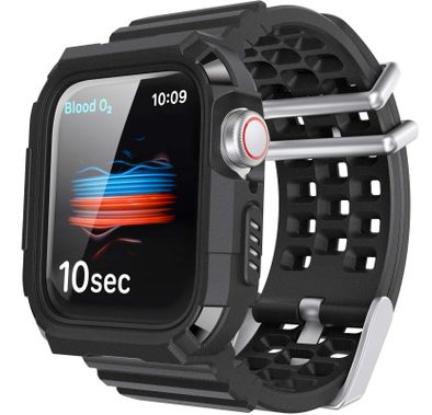 AhaStyle Matte TPU Adjustable Replacement Wrist Band Strap with Rugged Protective Drop Shock Resistant Bumper Watch Case Compatible for Apple Watch 42/44mm - Black