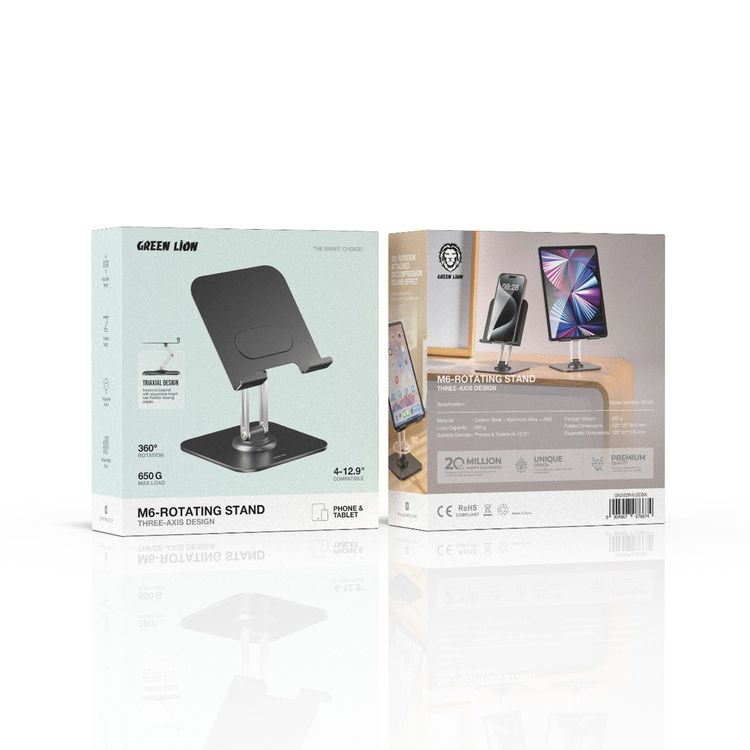 حامل Green Lion M6 الدوّار بتصميم ثلاثي المحاور، متوافق مع الأجهزة التي تتراوح بين 4-12.9 بوصة، قاعدة معدنية مربعة، ارتفاع قابل للتعديل، زوايا مشاهدة مرنة، قدرة تحميل تصل إلى 650 جرام - أسود