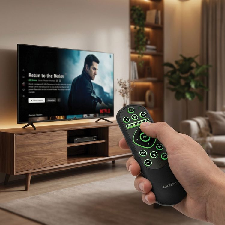 Porodo Miko Mini Keyboard with 34 Hours Working Time, 6-Axis Gyro Sensor, Google Voice Search, Air Mouse Control, Smart Infrared Learning, Adjustable Cursor Speed, Voice Command Control, Adjustable Lightning Modes, Bluetooth Version 5.2- Black