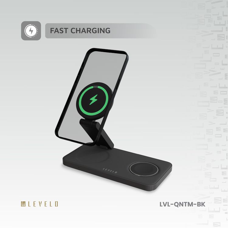Levelo Quantum 3-in-1 Wireless Charger with 15W Phone Output, 5W AirPods Output, 3W iWatch Output, Strong N52 Magnet, LED Indicator, Compatible with MagSafe, Over Temperature Protection, Simultaneous Charging, Over Voltage Protection, Fast Charging, Foldable Design - Black