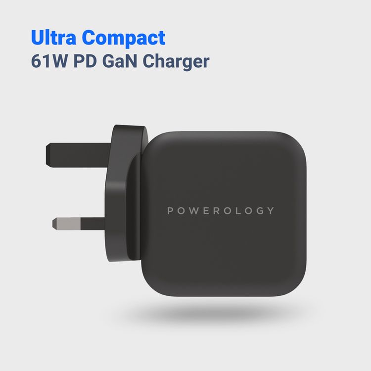 Powerology Ultra-Compact PD Charger with USB-C to USB-C Cable, 61W Power Delivery, 100% Charge in 2 Hours, UK 3-Pin Plug, Built-in Safeguards, Advanced GaN Technology - Black