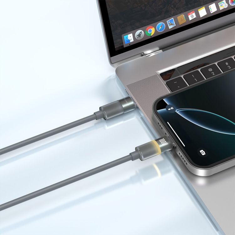 Levelo Luno USB-C to USB-C Cable with 100W Power Delivery, 1m Cable Length, 480Mbps Data Transfer Speed, Silicone Material, Tangle-Free, LED Indicator - Smokey Gray