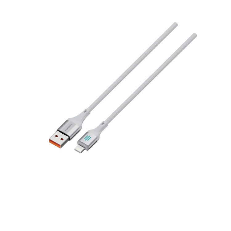 كابل شحن ونقل بيانات من بورودو USB-A إلى Lightning بتيار 3 أمبير، معدل نقل بيانات 480 ميجابت في الثانية، طول الكابل 1 متر، مادة مضفرة متينة، مانعة للتشابك، شحن مثالي، متانة محسنة - فضي