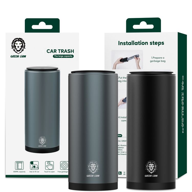 Green Lion Car Trash Can 500mL Capacity, Touch to Open, Vehicle-mounted Mini Trash Bin, Aluminum Alloy Office Desktops Waste Bin Rubbish Container with Free Trash Bags - Black