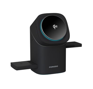 Porodo 3-in-1 Wireless Charger,  Auto Rotation, Type-C Charging Interface, Auto-Slide Modular - Black