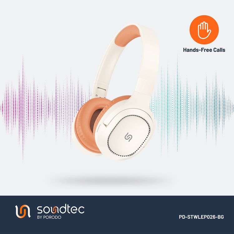 Porodo Soundtec Nova Wireless Headphone, 400mAhBattery Capacity, 2HCharging Time, V5.3Bluetooth, 20H  Play Time - Beige