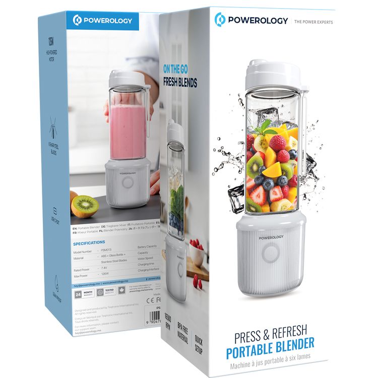 Powerology Press & Refresh Portable Blender with 450mL Capacity, 126W Motor Power, Sharp Steel Blades, Leakproof, BPA-Free Material, 16500RPM Motor Speed - White