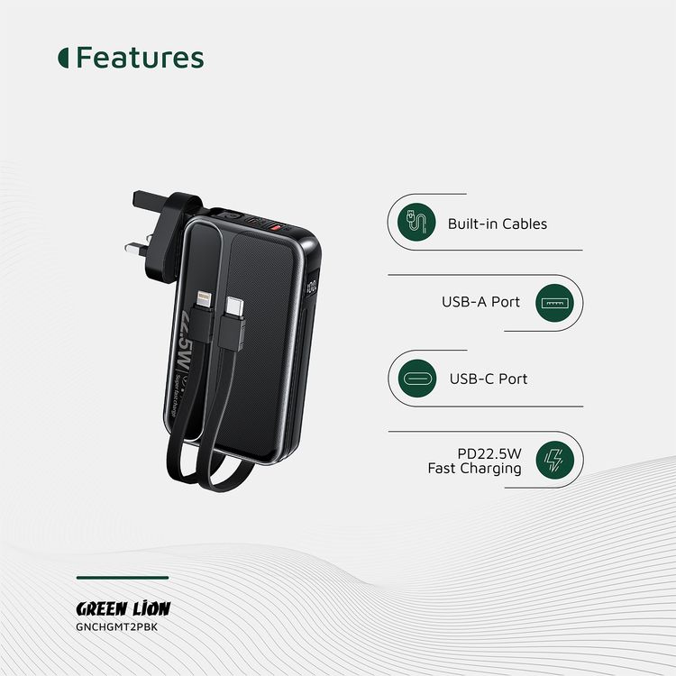 شاحن باور بانك غرين ليون تشارج ميت بقدرة 10000 مللي أمبير PD 22.5W، مدخل طاقة AC، كابلات مدمجة، شاشة رقمية، قابس الولايات المتحدة، قابس الاتحاد الأوروبي، قابس المملكة المتحدة - أسود