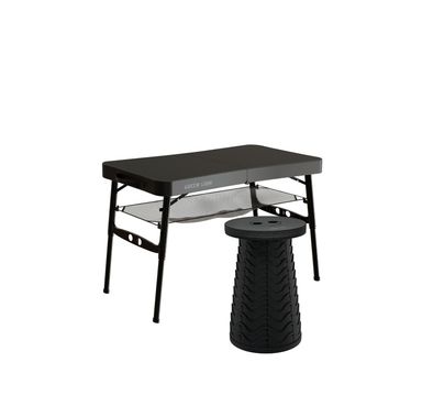 Green Lion Foldable Travel Camping Table & Stool with Adjustable Height, 180kg Stool Load Capacity, Anti-Slip Base, Reinforced Clasp, Foldable Design, Carry Handle, 25kg Table Load Capacity, Mesh Storage, Telescopic Adjustable Stool - Black