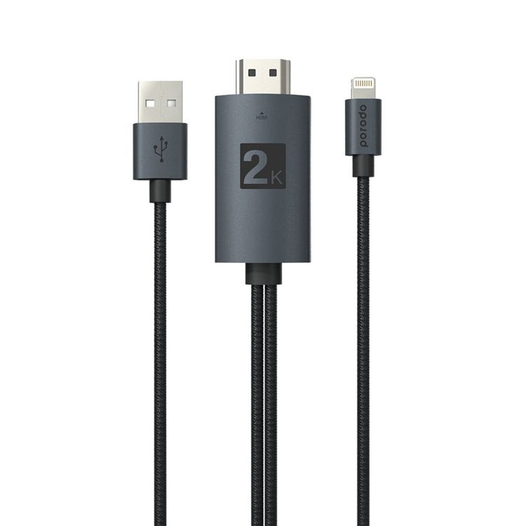 Porodo Braided 2K HDMI Lightning Cable 2M - Black