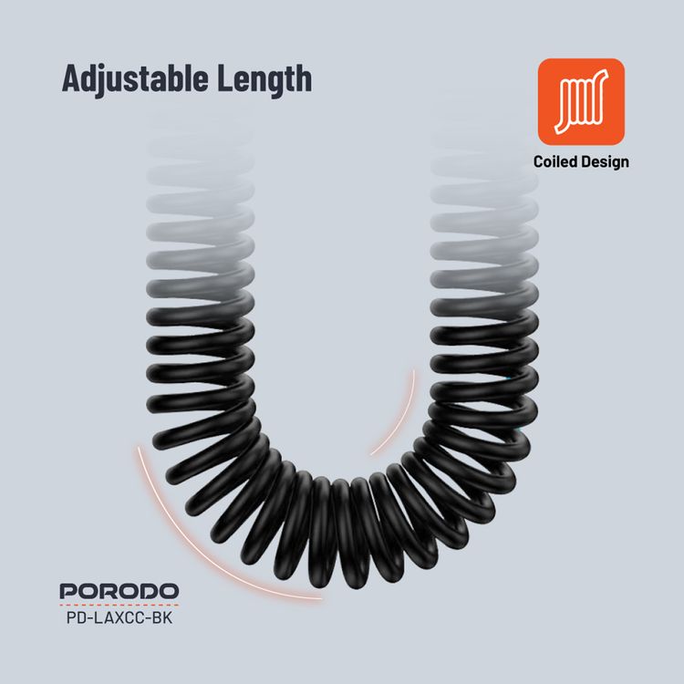 Porodo 3.5mm AUX to Lightning Coiled Audio Cable with 1.2m Length, Universal Compatibility, Auto-Retract & Tangle-Free Design - Black