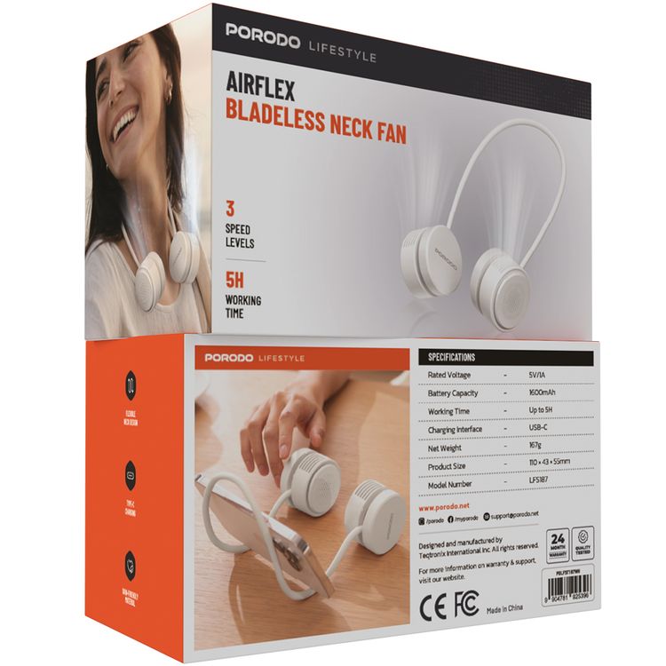 مروحة العنق بدون شفرات Porodo AirFlex مع 3 مستويات سرعة، مع وقت عمل يصل إلى 5 ساعات، بطارية بسعة 1600 مللي أمبير، واجهة شحن USB-C، مادة لطيفة على الجلد، تصميم رقبة مرن - أبيض