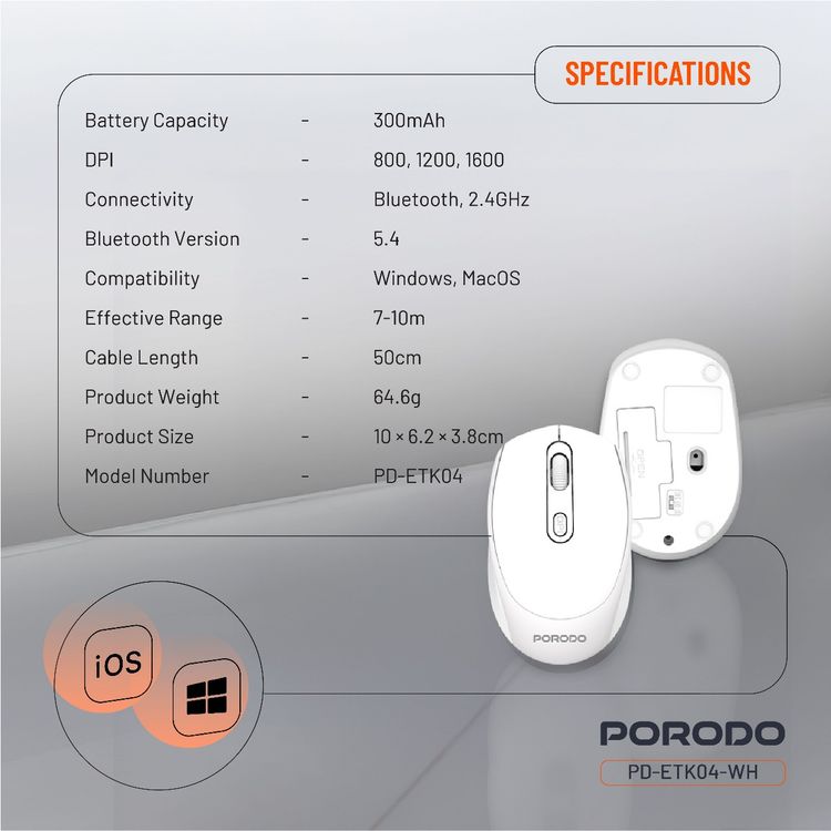 Porodo Dual Mode Wireless Mouse with Adjustable DPI Up to 1600, 7m to 10m Effective Range, 300mAh Battery Capacity, Bluetooth V5.4, Ergonomic Design, Plug & Play - White