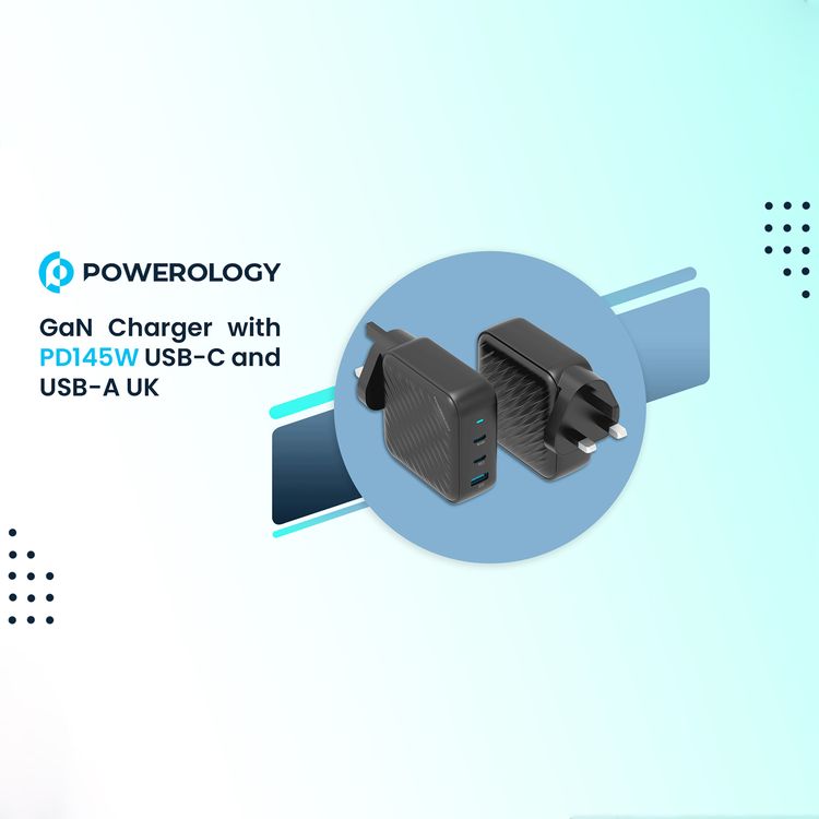 Powerology 140W Dual PD GaN Charger with Built-in Safeguards, 18W USB-A Output, UK 3-Pin Plug, Laptop Charging Compatibility, Triple-Port Fast Charging - Black