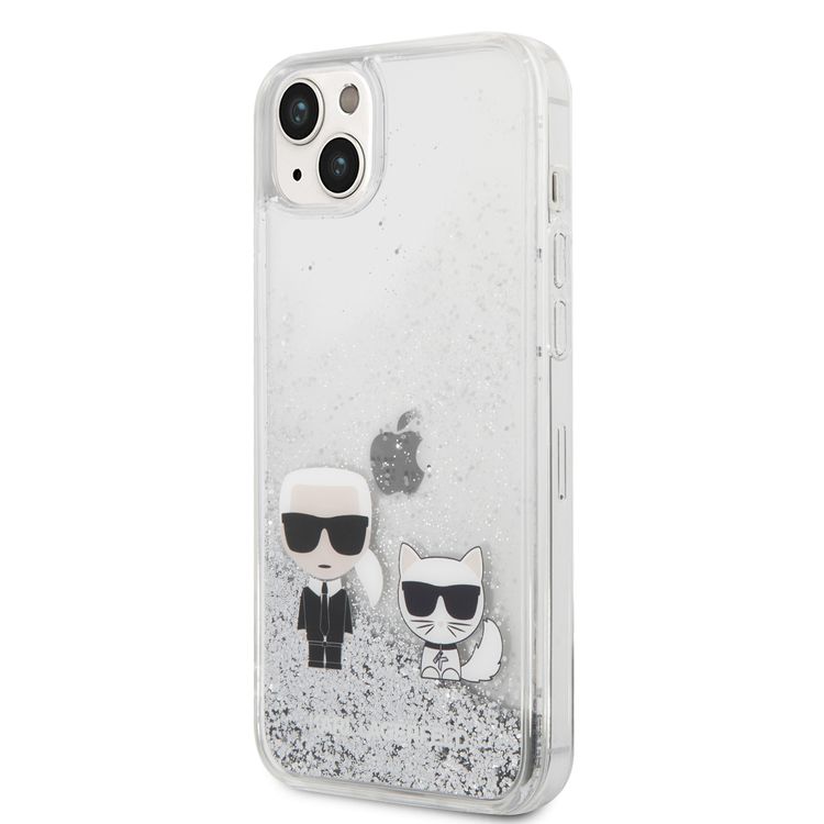 Karl Lagerfeld Liquid Glitter Silicone Case Karl and Choupette Protector iPhone 14 Plus Compatibility - Silver