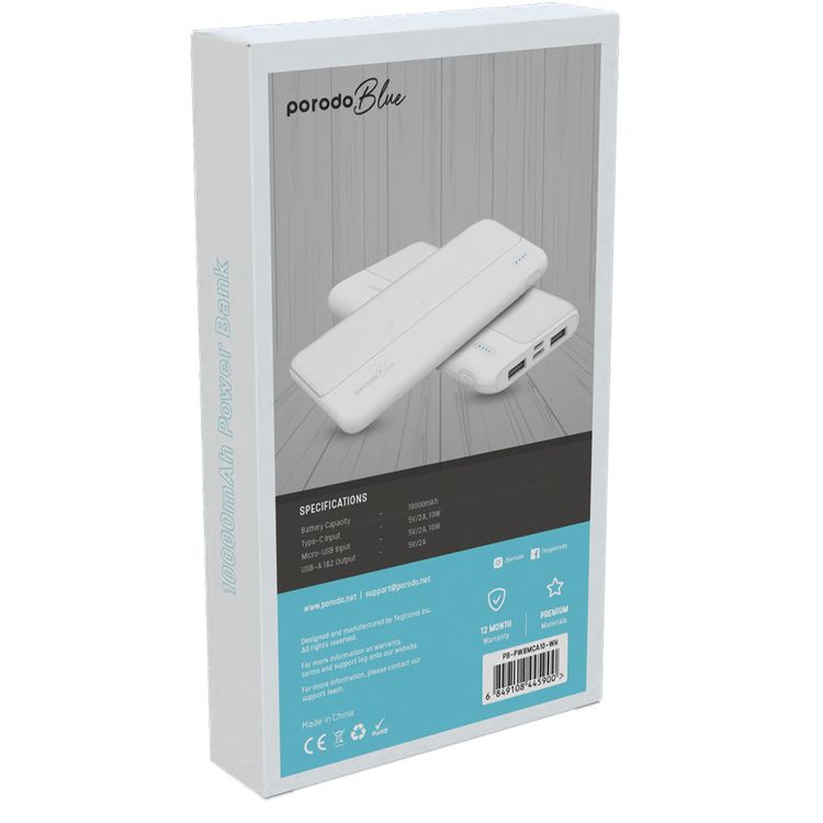 Porodo Blue 10000mAh Slim Power Bank with Dual USB-A Output, Lightweight & Compact Design, Type-C Input, LED Indicator - White