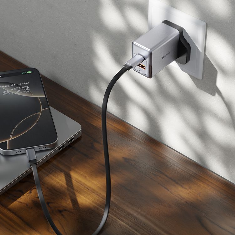 Green Lion GaNPremium UK Plug Wall Charger with 35W Power Delivery, 0%-50% Charge in 30 Minutes, PC Flame Retardant Material, Multiple Protection, USB-C & USB-A Ports - Gray