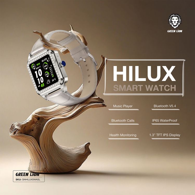 Green Lion Hilux Smart Watch with Extra Strap, 1.3" TFT IPS Display, 2-4 Days Working Time, 450nits Brightness, Sport Modes & Activity Tracking, Health Monitoring, 150mAh Battery, Bluetooth Version 5.4 - Silver