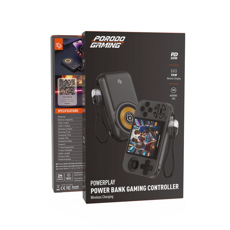 Porodo Gaming Powerplay Power Bank Gaming Controller with LED Light, Lightweight & Portable, 3D Dual Joystick, 2.8" Display Size, PD 20W Fast Charging, 15W Wireless Charging, 12 Hours Working Time, Simultaneous Charging, 4000 TF-Game, USB-C Port - Gray