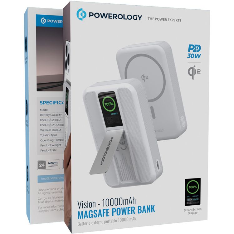 Powerology Vision 10000mAh MagSafe Power Bank with PD 30W, Qi2 Technology, Dual USB-C Ports, Strong Magnetic Holder, Built-in Kickstand, Smart Screen Display - White