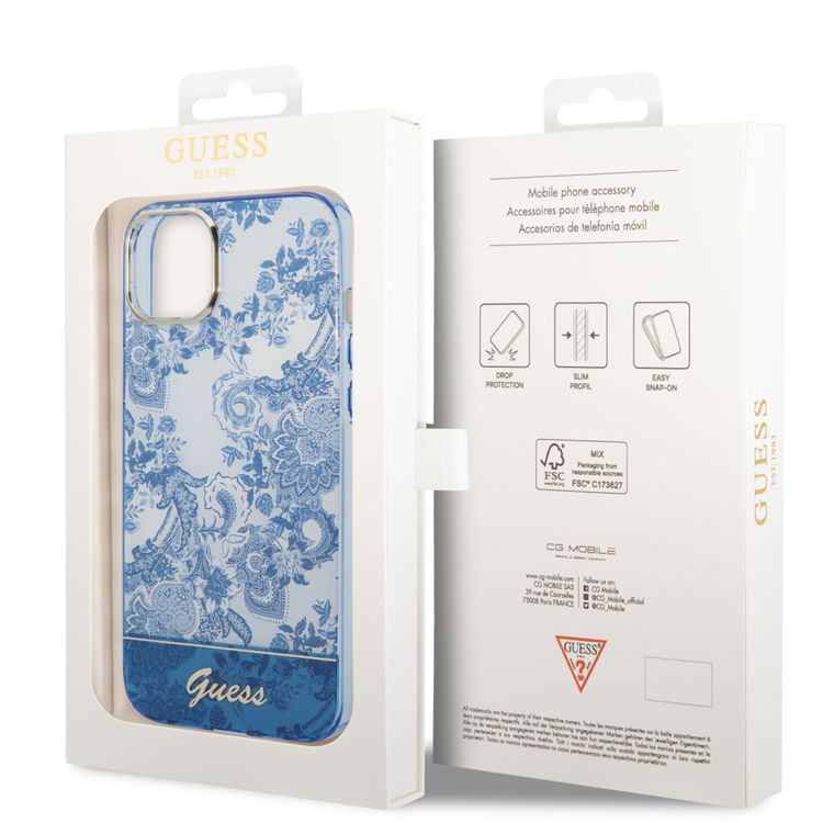 Guess PC/TPU IML Case With Double Layer Electroplated Camera Outline & Toile De Jouy - iPhone 14 - Blue