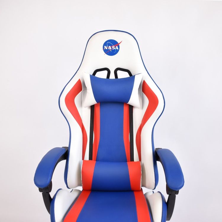 NASA Discovery Gaming Chair, Faux Leather, Height Adjustable, High Density Foam, Recline Mechanism - White/Blue/Red