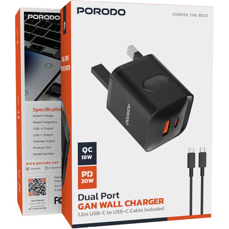 Porodo Dual Port Wall Charger UK with USB-C to USB-C Cable, PD 20W, QC 20W, Over-Heat Protection, UK Plug, 1.2 Cable Length - Black