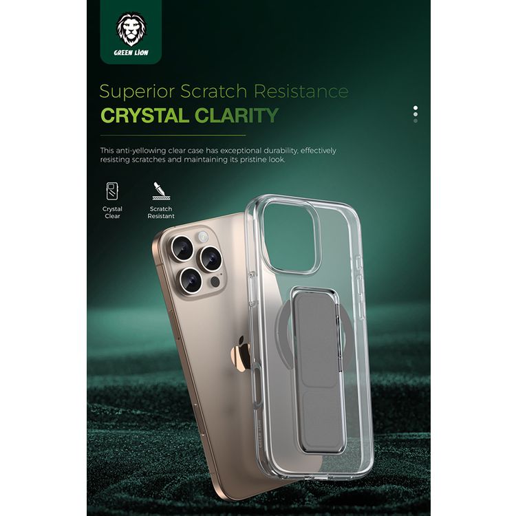 Green Lion MagSafe Leather Grip For iPhone 16 Pro, Crystal Clear, Foldable Stand, Dual-Sided Magnetic Snap, Military Grade Protection, Scratch Resistance - Gray