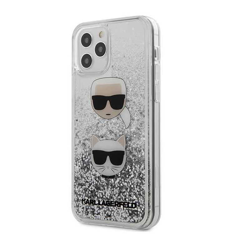 Karl Lagerfeld Liquid Glitter Case Karl and Choupette Heads for Apple iPhone 12 / 12 Pro (6.1 ) - Silver