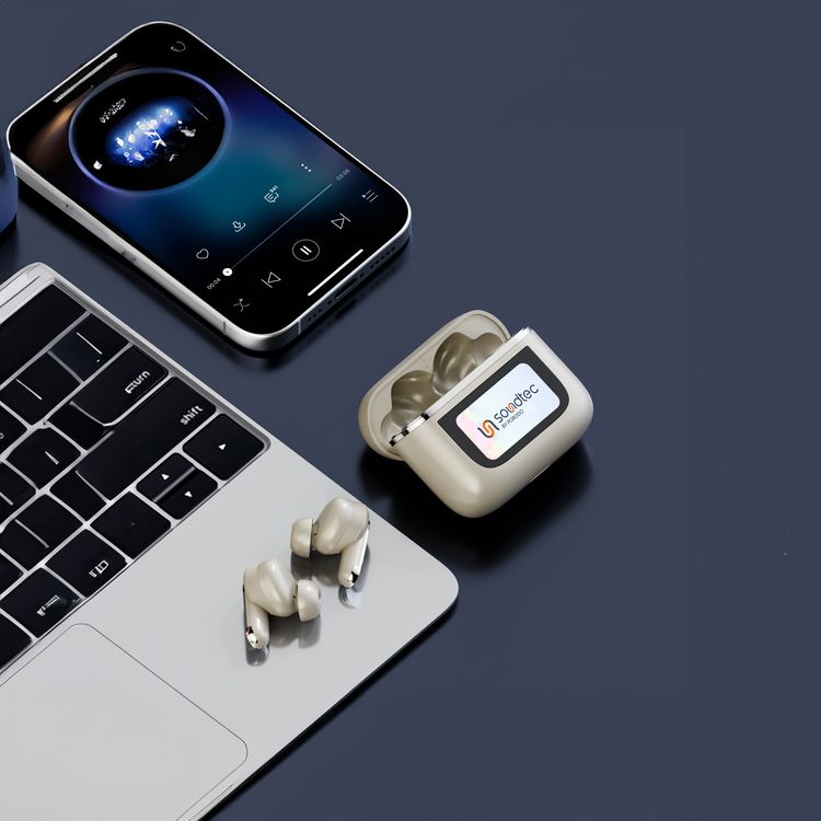 Porodo Soundtec Guide Earbuds with ANC & TWS, Touch Screen, 6 Hours of Playtime, 40 Minutes Earbuds Charging Time, Waterproof, Type-C Charging Case - Gold