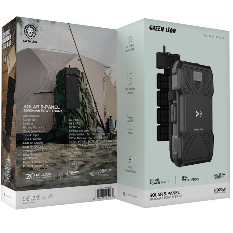Green Lion Solar 5-Panel 20000mAh Power Bank with LCD Battery Display, IP54 Waterproof, 3 LED Modes, QC 22.5W Fast Charging, 15W Wireless Charging - Black