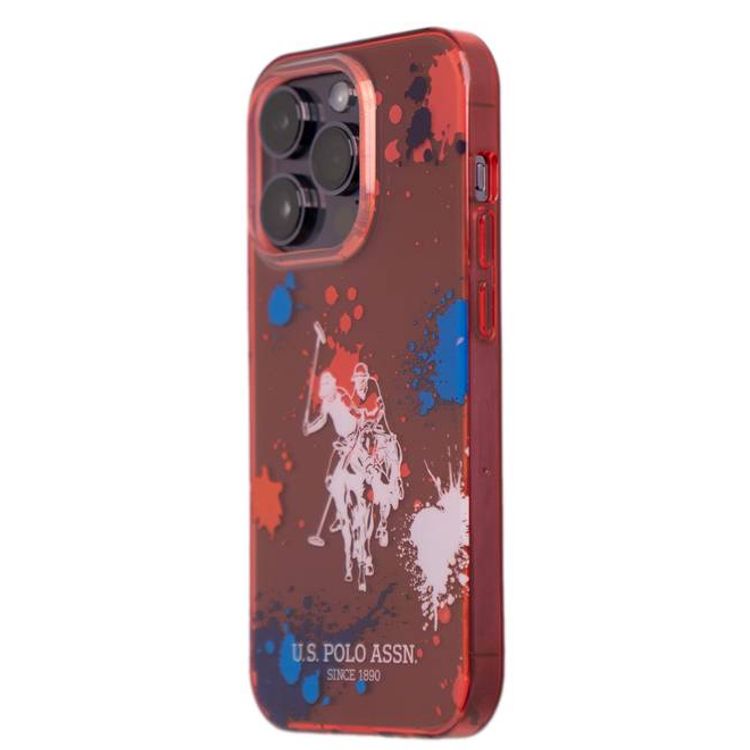 USPA PC/TPU Case with Splatter Pattern & Horse Logo iPhone 14 Pro Compatibility - Red