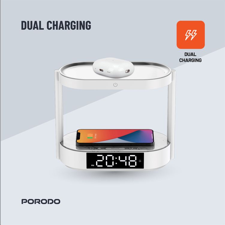 Porodo Bedside Light with Wireless Charger and Digital Clock, 3 Brightness Levels, Dual Wireless Charging, Alarm and Snooze Function, Digital Display - White