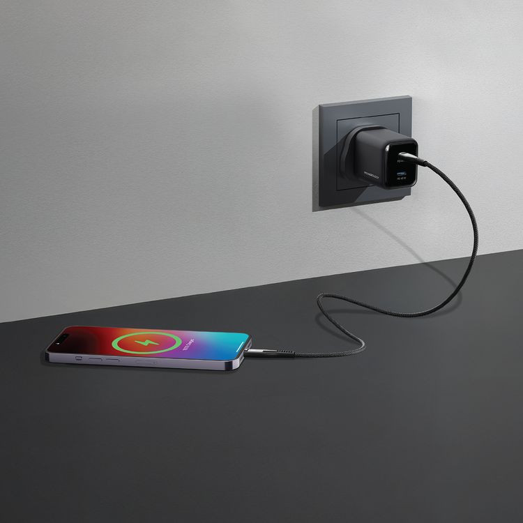 Powerology Volt-X 45W Dual USB-C Port GaN Wall Charger with Fast Charging Speed, USB-C Output Ports, USB-C to USB-C Cable Included, Wide Compatibility, Compact Travel Size, Universal Protocol Support - Black